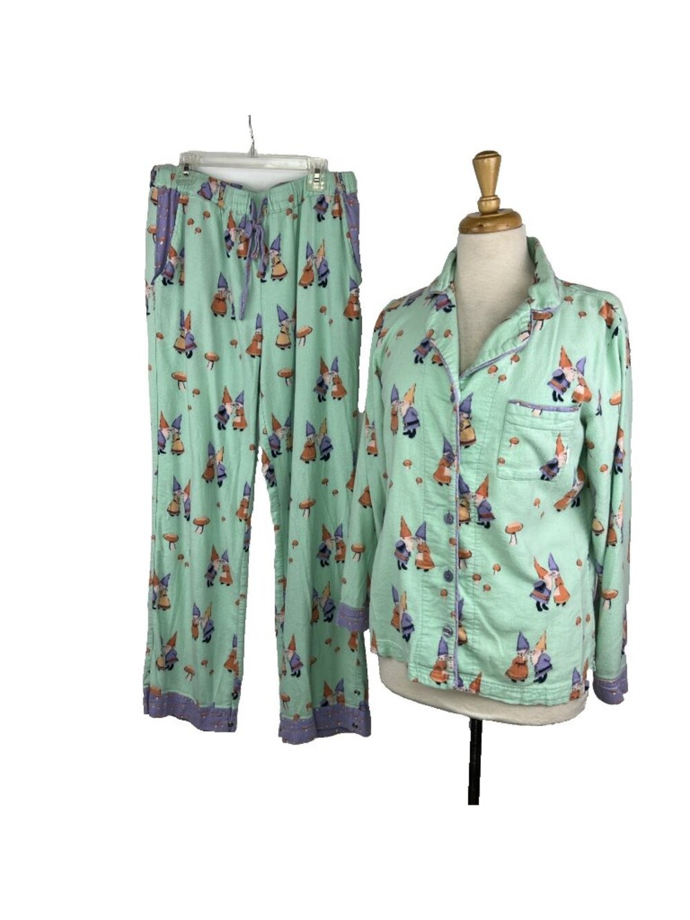 Munki Munki Sz M Gnome Print Flannel 2 Piece Pajama Set Sleepwear Cotton Bamboo